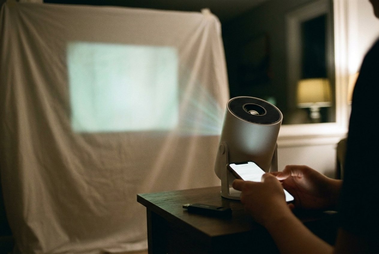 A phone casting a Halloween scene to the projector beside a lit window sheet