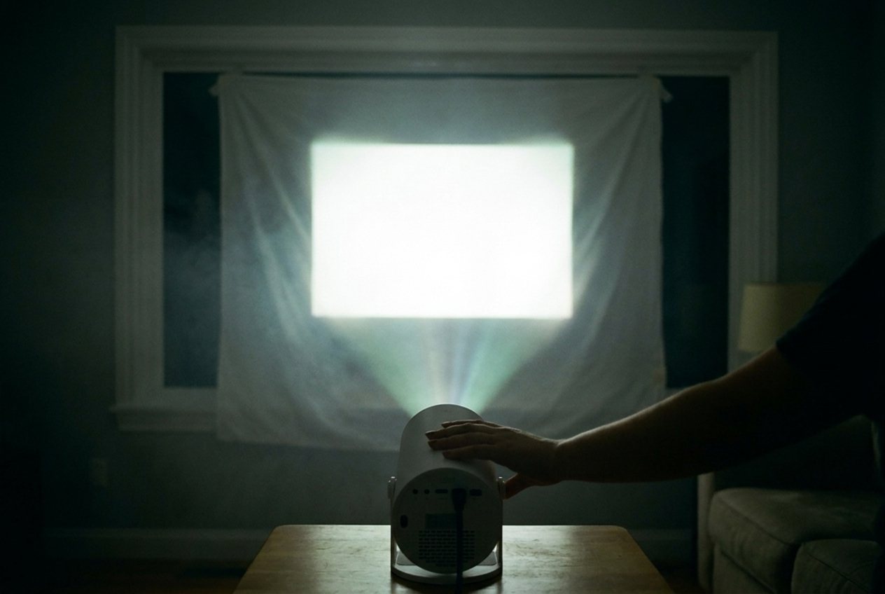 A hand adjusting the projector on a side table so the image fills the sheet