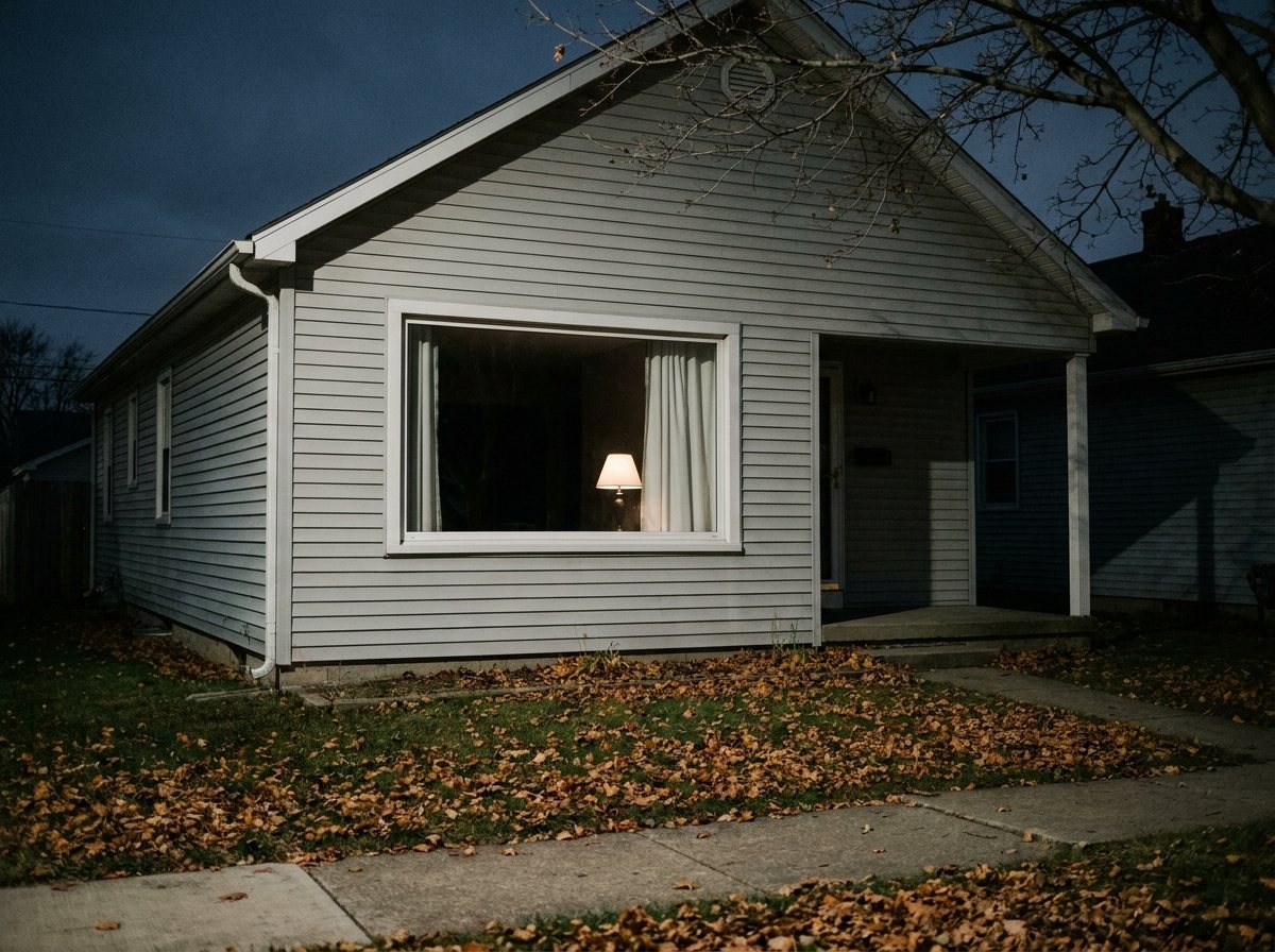 A house at night with an ordinary lit front window