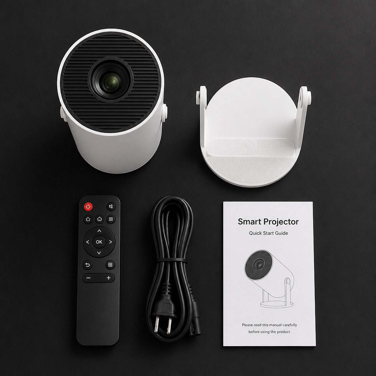 What's in the box: Haunta projector, base, remote, power cable and quick start guide
