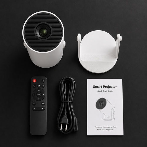 What's in the box: Haunta projector, base, remote, power cable and quick start guide