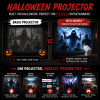 Basic projector versus Haunta window projection: brighter, sharper and more terrifying from outside