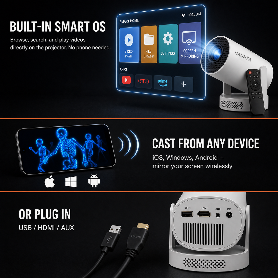 Built-in smart OS, screen mirroring from iOS Windows and Android, plus USB HDMI and AUX inputs
