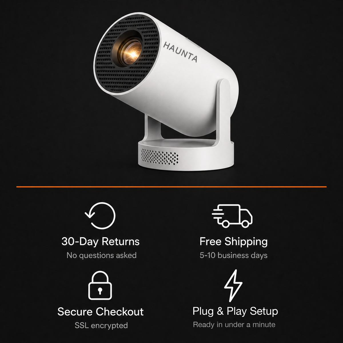 30-day returns, free shipping, secure checkout and plug and play setup