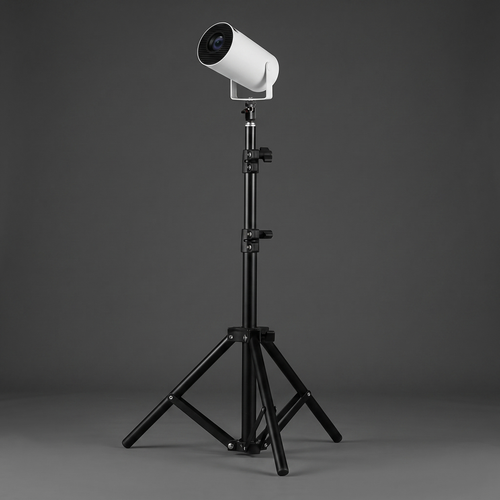 Adjustable tripod stand holding a Haunta projector