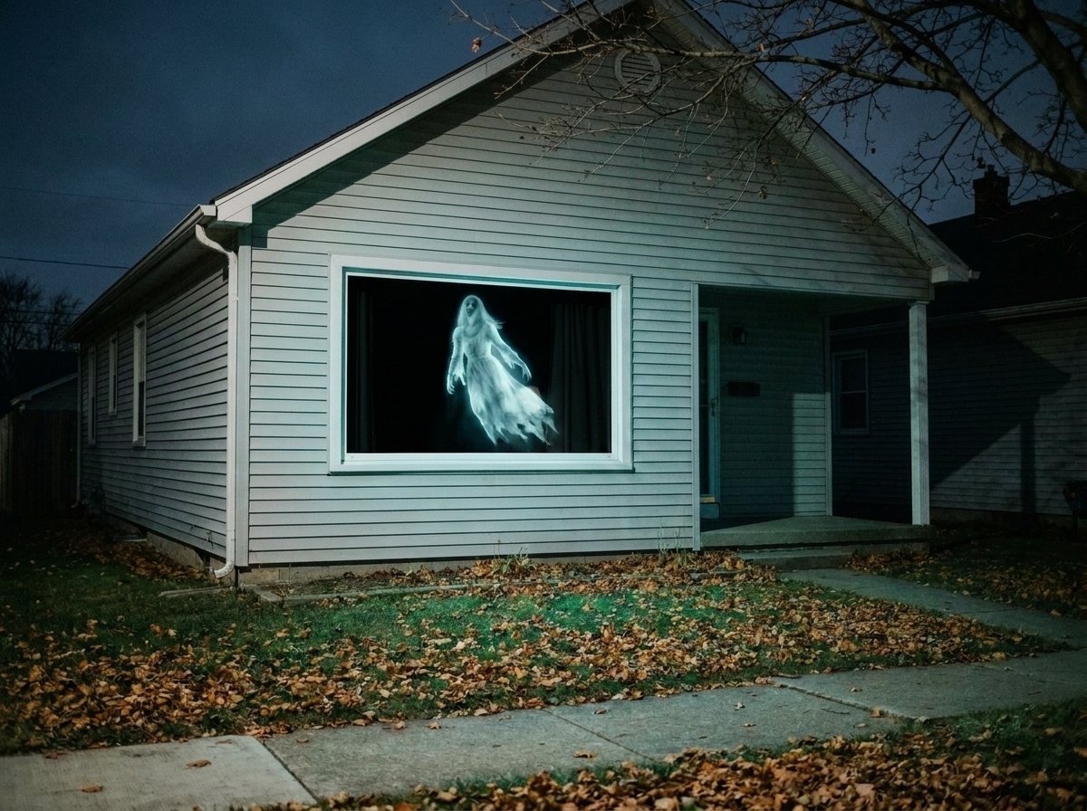 The same front window at night with a ghost figure filling the glass