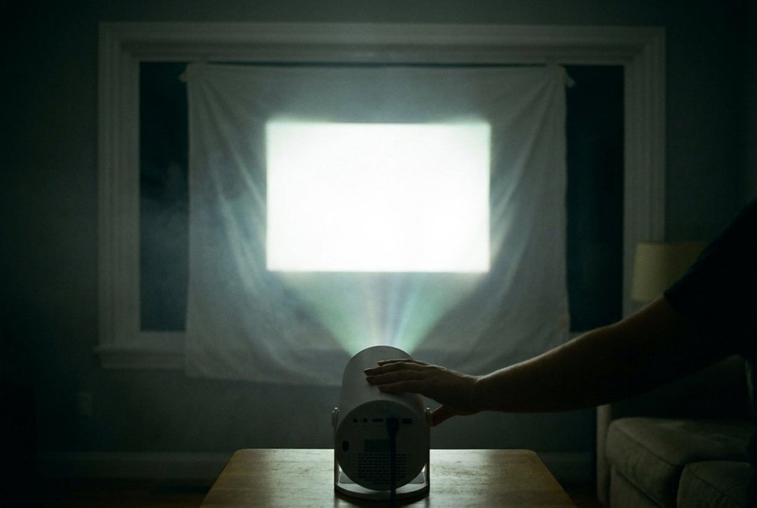 A hand adjusting the projector on a side table so the image fills the sheet