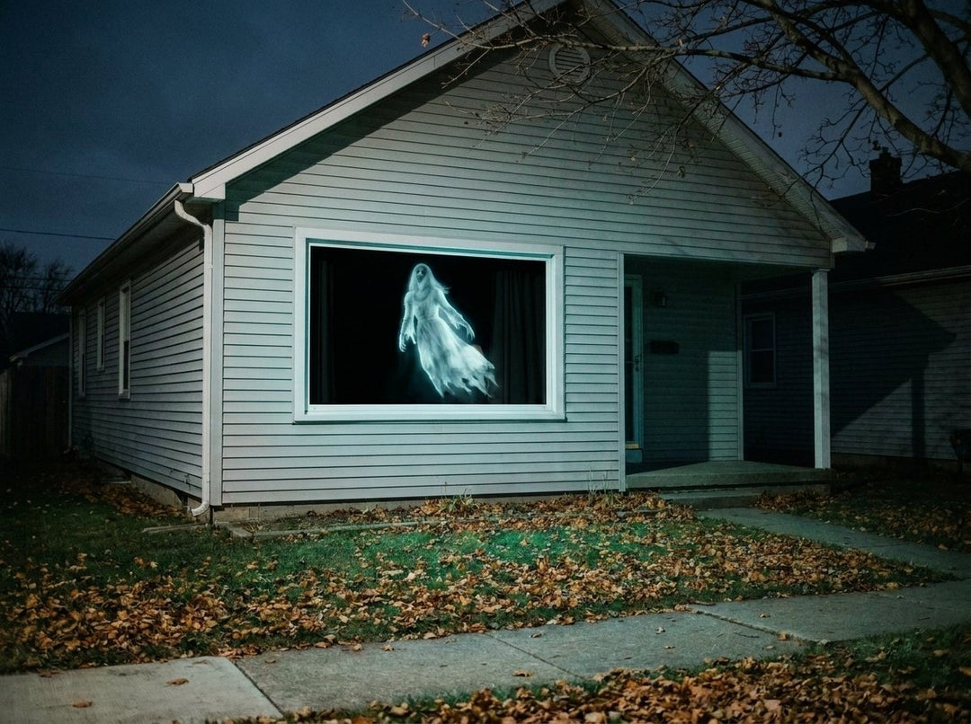 The same front window at night with a ghost figure filling the glass