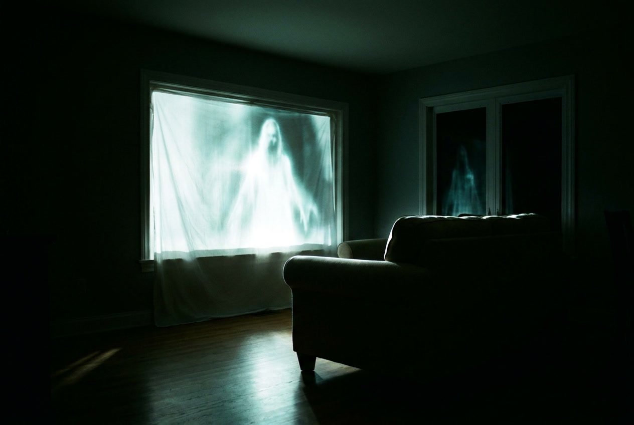 A dark living room with a ghost projected onto the window sheet