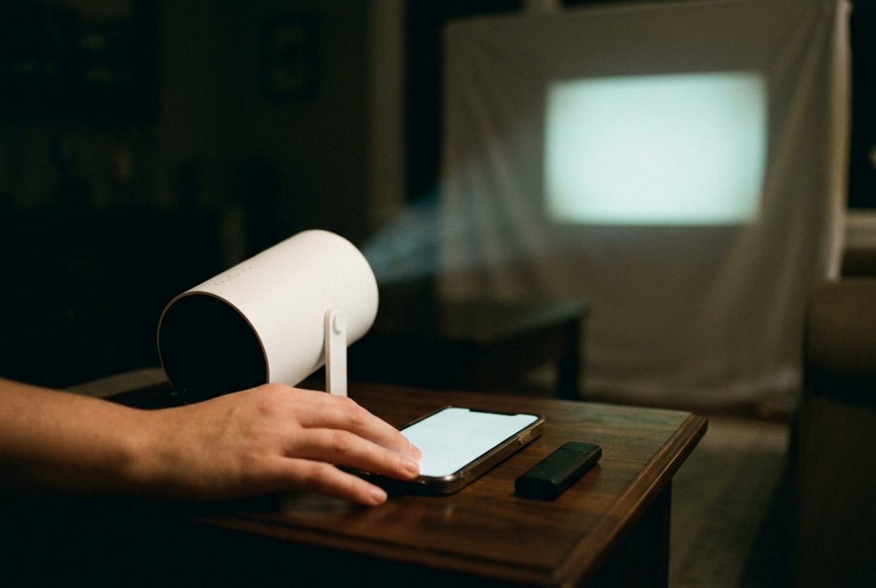 The Haunta projector on a side table with the remote and a phone