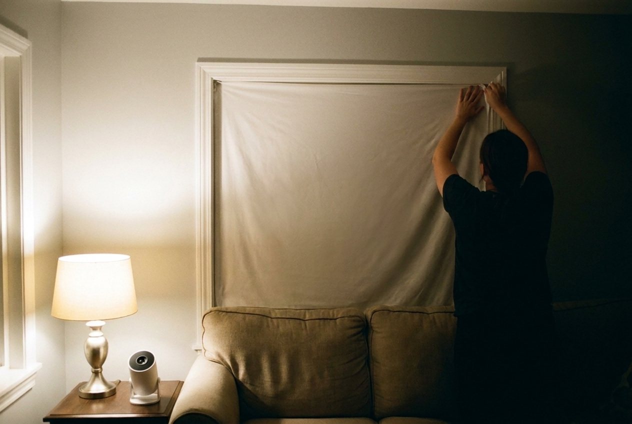 A person hanging a white sheet across the inside of a window