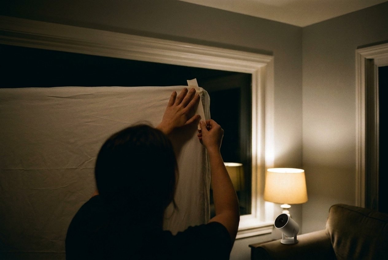Someone taping a white sheet flat inside a window frame