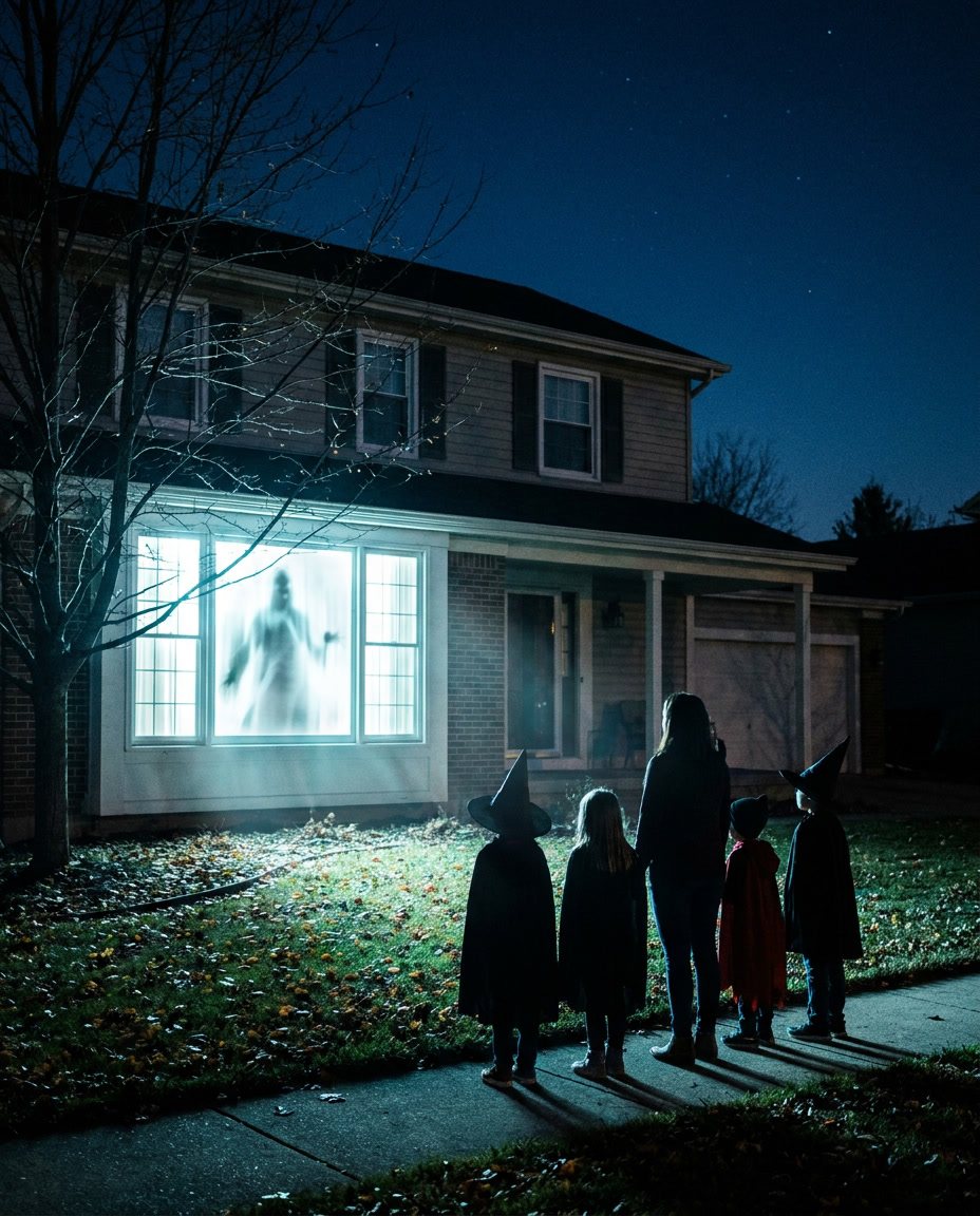 Trick-or-treaters stopped on the path outside a house with a ghost filling the front window
